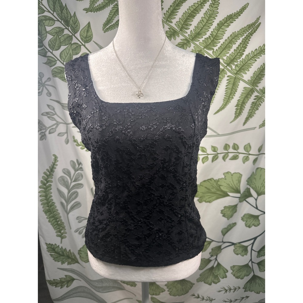 E.C. Designs Black Floral Lace Sleeveless Square Neck Top WFU06 Womens Large‎